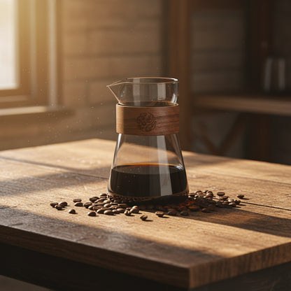 Glass coffee maker with wooden handle on a table