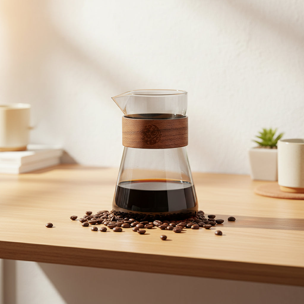 Glass coffee maker with wooden handle on a table