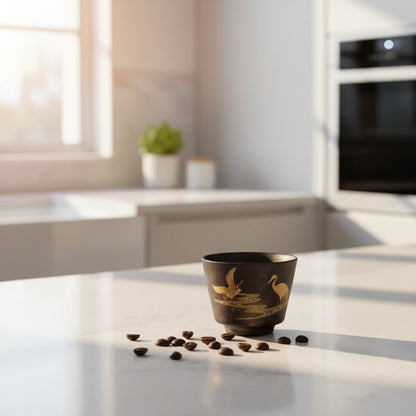 Black ceramic cup with gold bird design on a white tray, blurred background