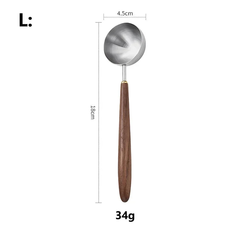 A ladle with a silver stainless steel bowl, a gold-toned metal connector, and a dark brown wooden handle, shown with dimension lines indicating 4.5cm bowl diameter, 18cm handle length, and 34g weight on a white background.