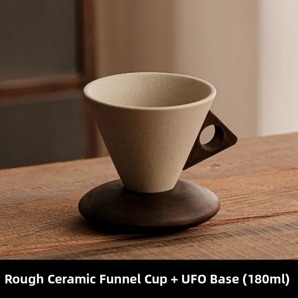 Rough ceramic funnel cup with UFO base on a wooden surface