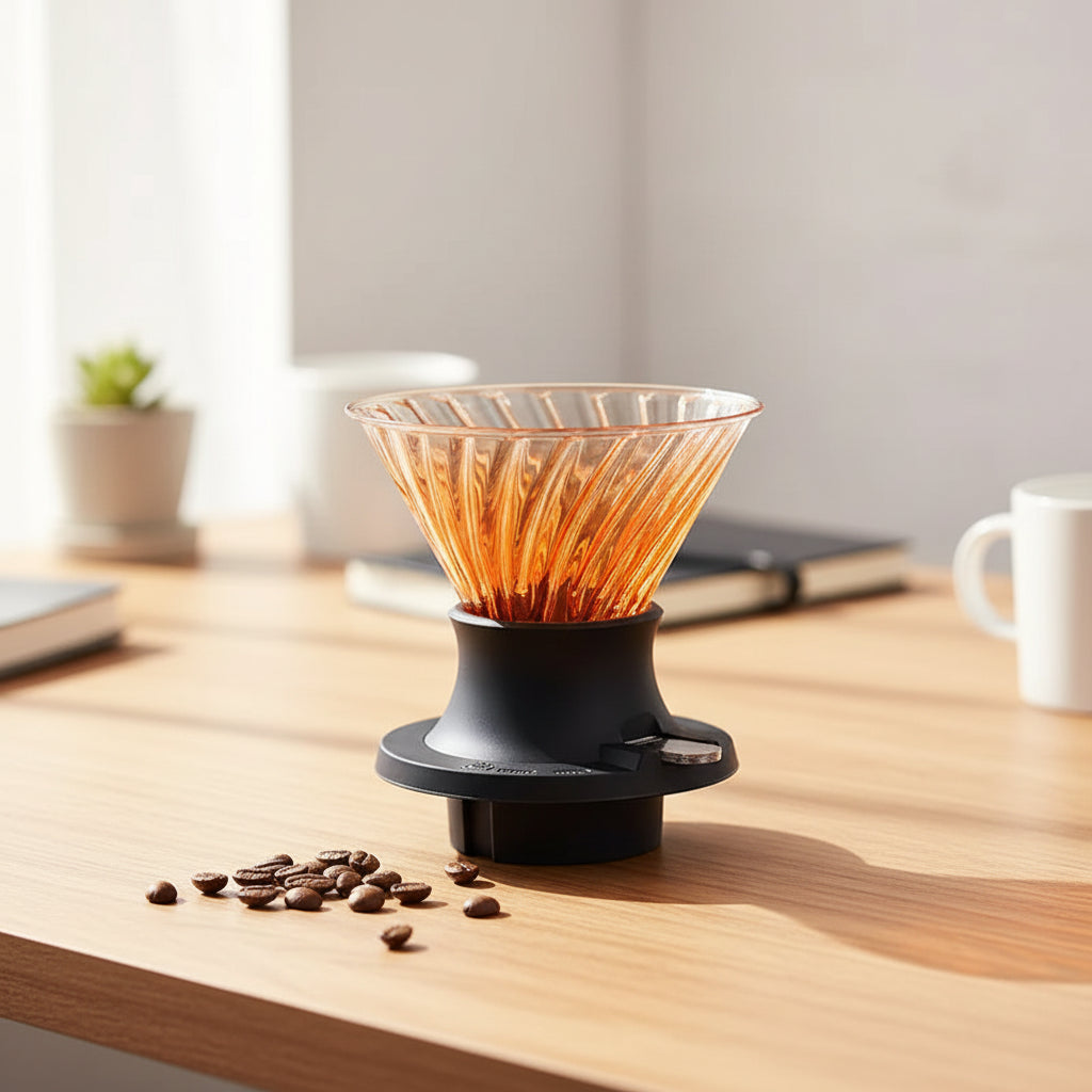 Coffee dripper with orange filter on a dark surface with coffee beans around