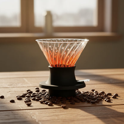 Black and orange coffee dripper on a table