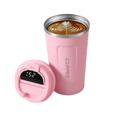 Pink coffee tumbler with digital temperature display
