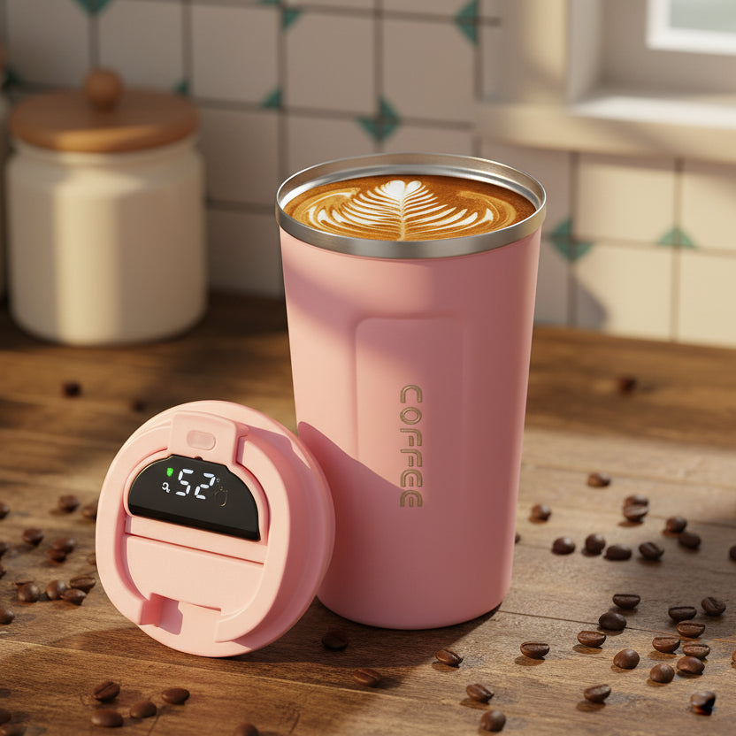 Pink coffee tumbler with digital temperature display on a wooden surface with coffee beans.
