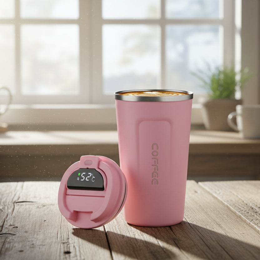 Pink insulated tumbler with digital temperature display on a wooden surface, sunlight streaming through a window.