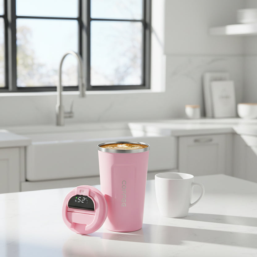 Pink insulated mug with digital temperature display on a kitchen counter