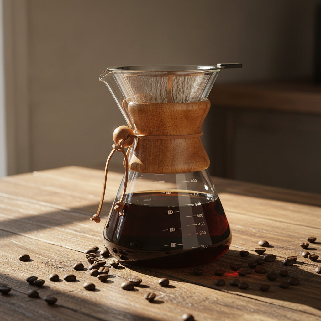 Wooden coffee maker with coffee and scattered beans on a wooden surface