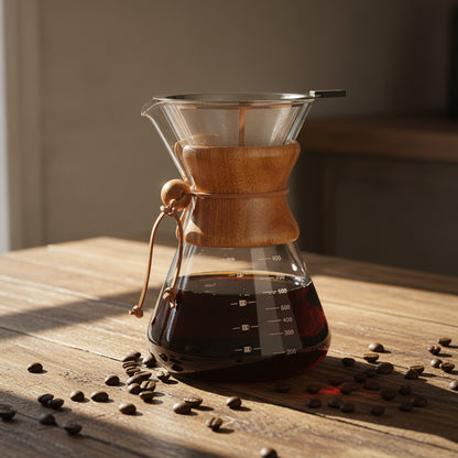 Wooden coffee maker with coffee and scattered beans on a wooden surface