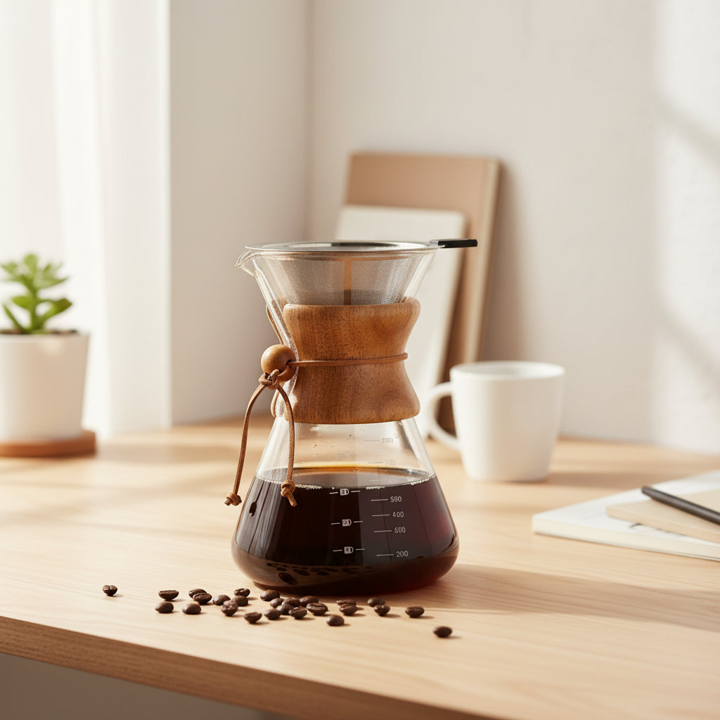 Wooden coffee dripper with glass carafe on a white background