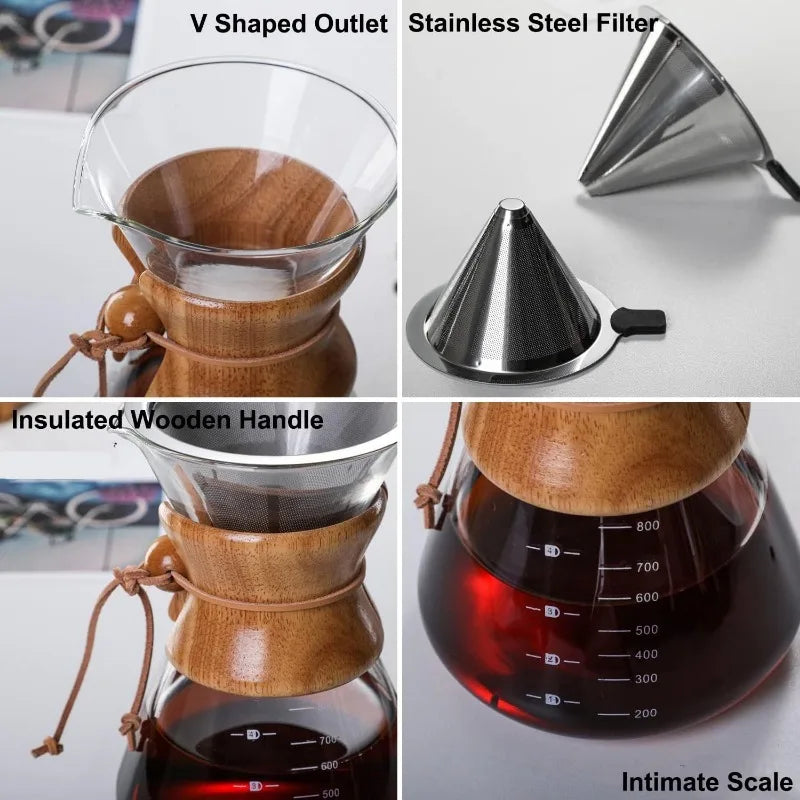 Collage of a wooden coffee maker with features highlighted: V-shaped outlet, stainless steel filter, insulated wooden handle, and intimate scale.