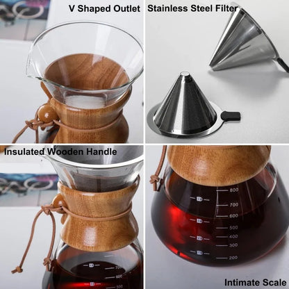 Collage of a wooden coffee maker with features highlighted: V-shaped outlet, stainless steel filter, insulated wooden handle, and intimate scale.