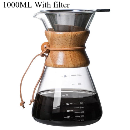Clear glass coffee maker with wooden top and black coffee inside, labeled '1000ML With filter'.