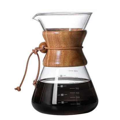 Glass coffee maker with wooden top and liquid inside, labeled '800ML Without filter screen' on a white background.