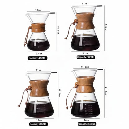 Set of four glass coffee makers with wooden bands, showing different capacities and dimensions.