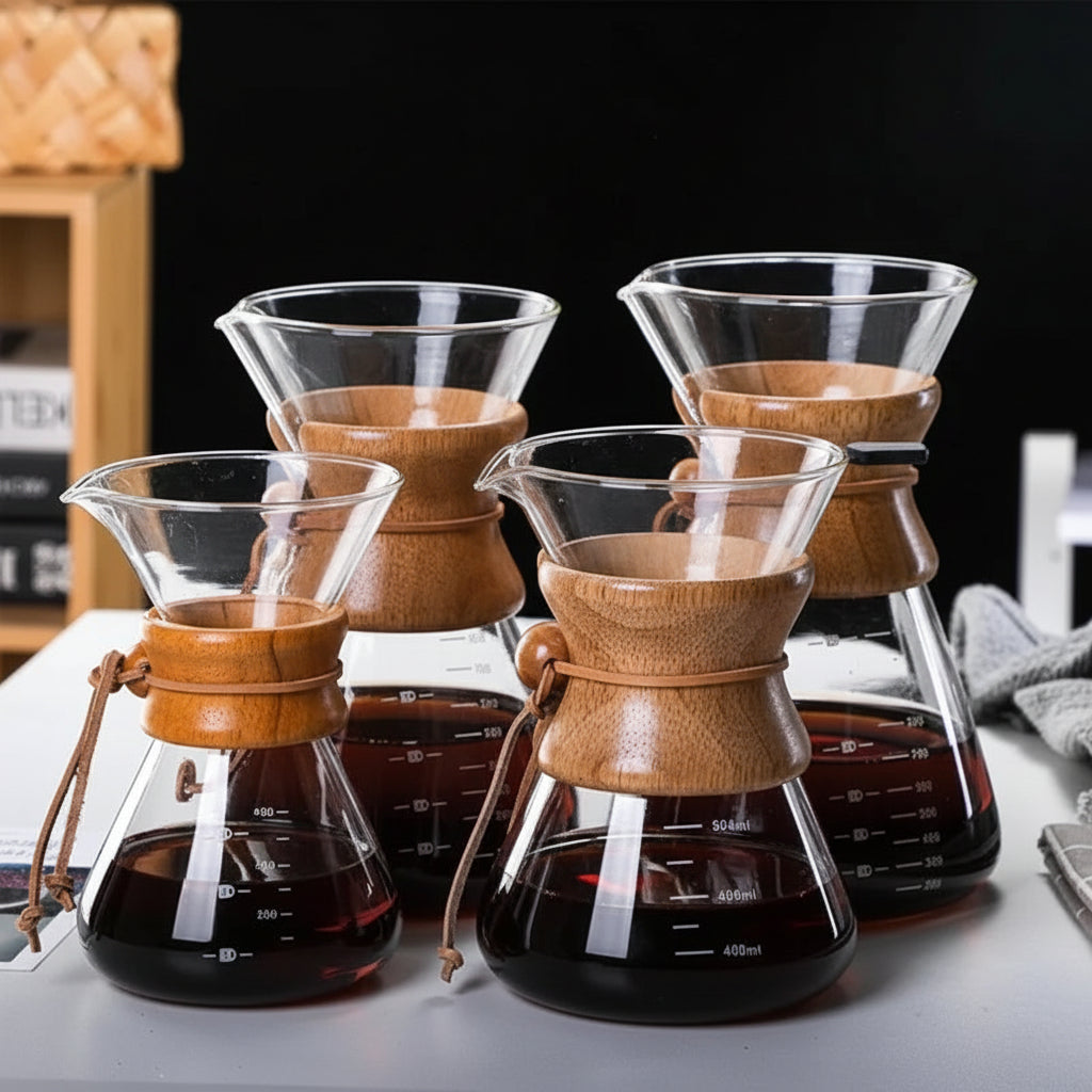 Set of wooden and glass coffee brewing devices on a table.