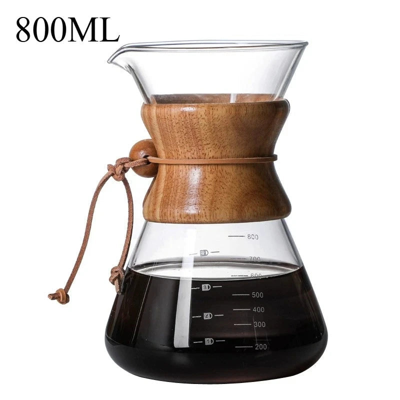 Glass coffee maker with wooden top and liquid inside, labeled '800ML Without filter screen' on a white background.