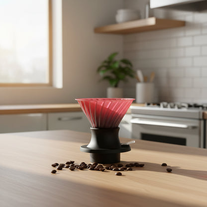 Red and black coffee dripper on a kitchen