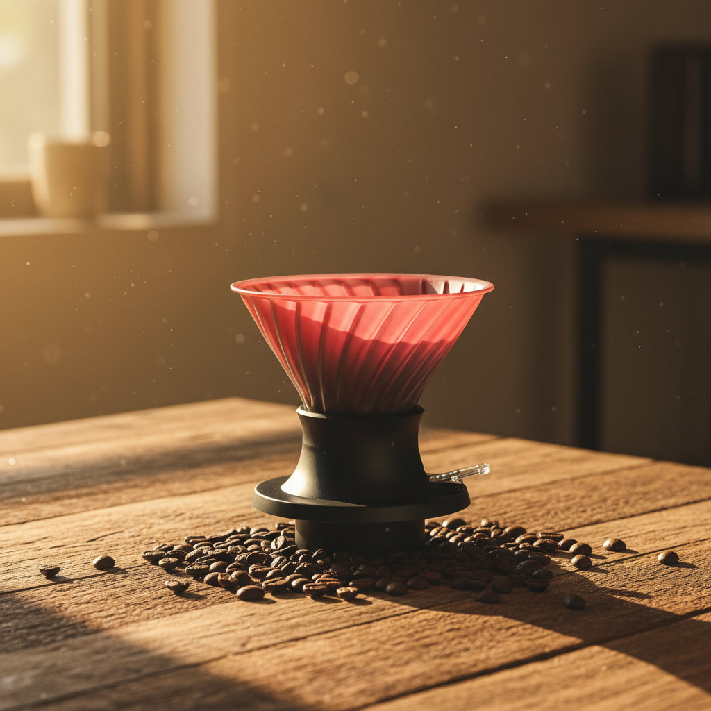 Red and black coffee dripper on a table
