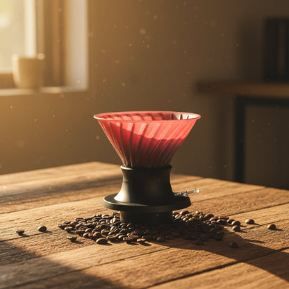 Red and black coffee dripper on a table