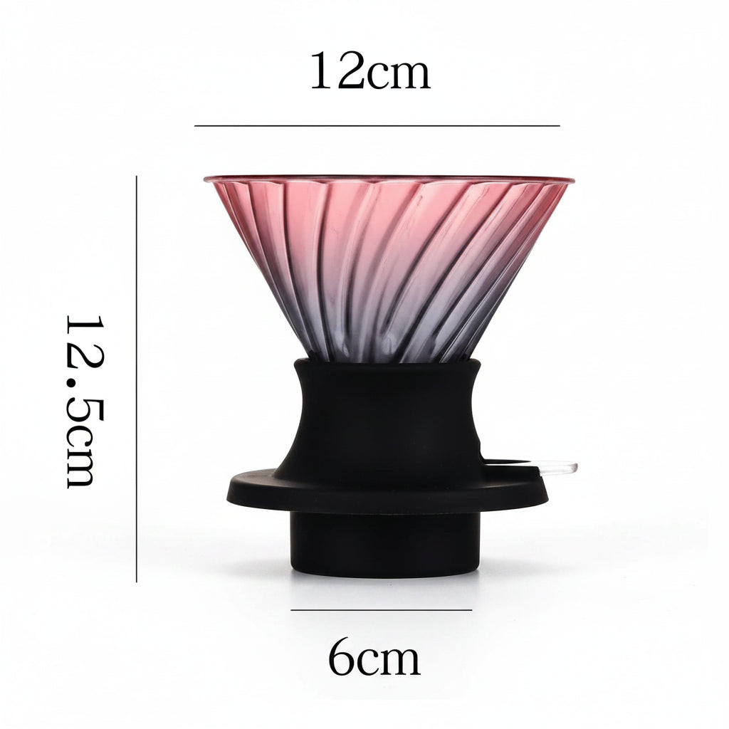 Glass coffee dripper with dimensions on a white background
