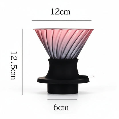Glass coffee dripper with dimensions on a white background
