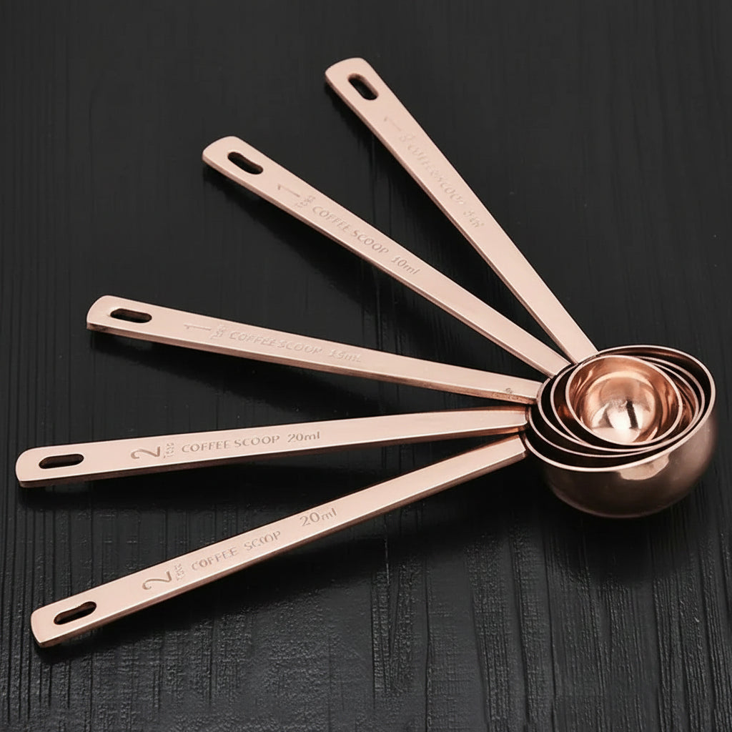 Set of metal coffee scoops on a dark surface