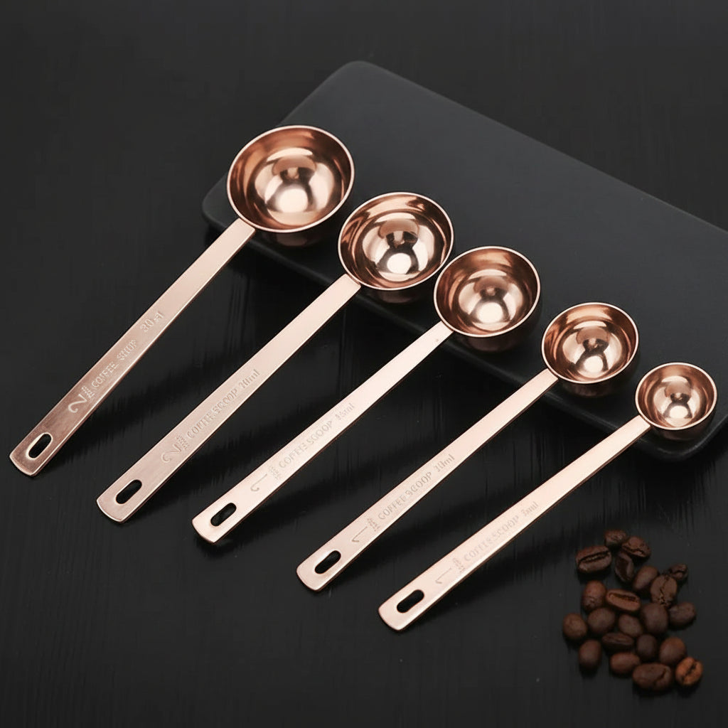 Set of stainless steel measuring spoons on a dark surface with coffee beans.