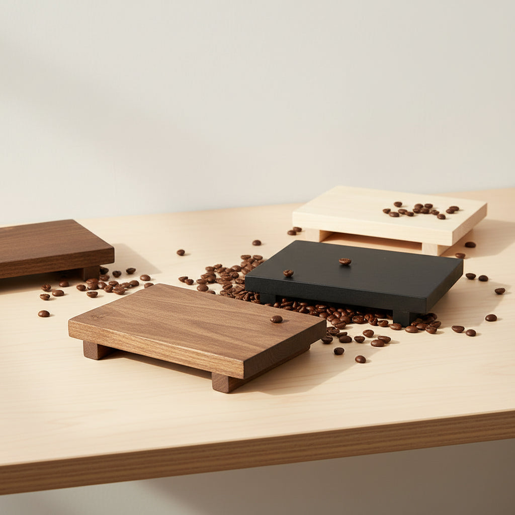 Wooden coasters on a surface with scattered coffee beans