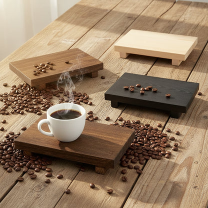 Wooden shelves in different colors with a coffee cup any beans