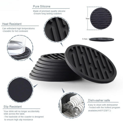 Black silicone coasters with features listed on a white background