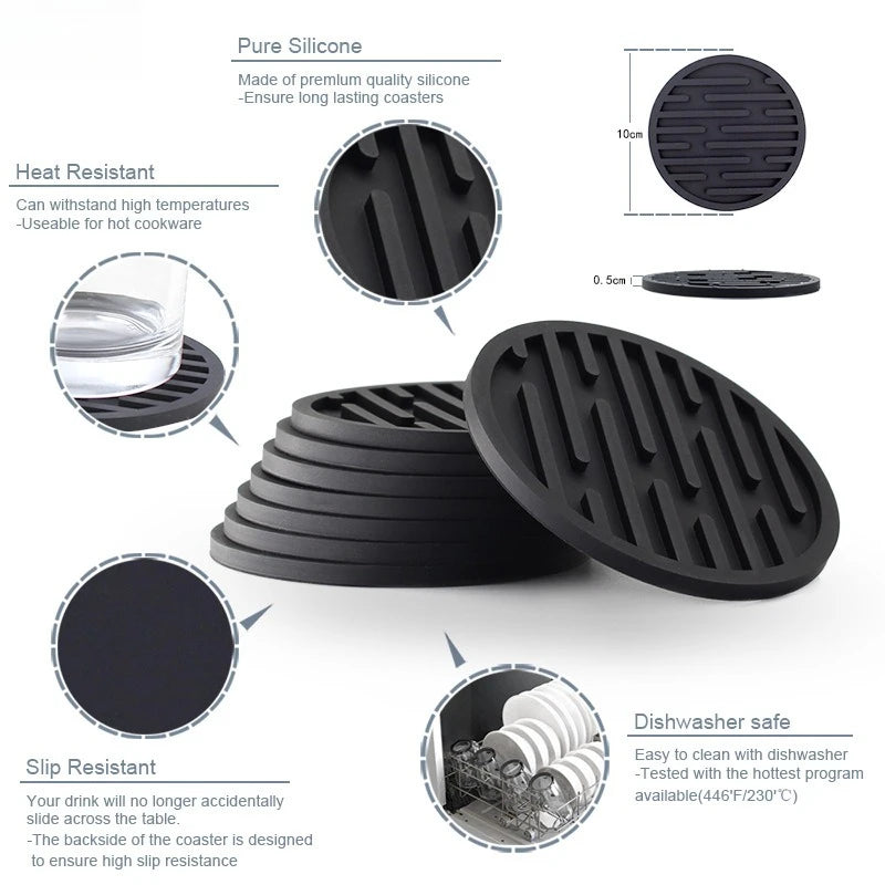 Black silicone coasters with features listed on a white background