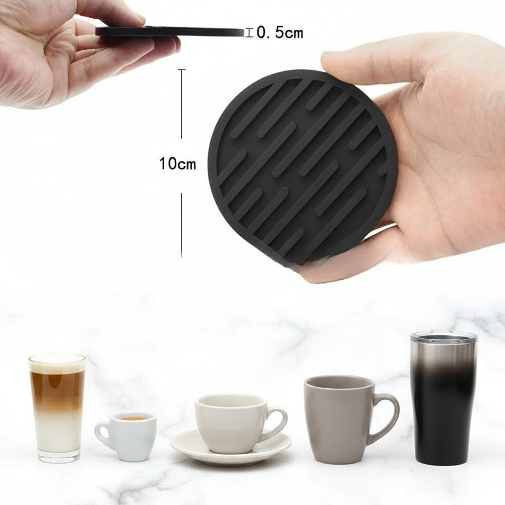 Black silicone coaster held by a hand with measurements, displayed next to different coffee cups
