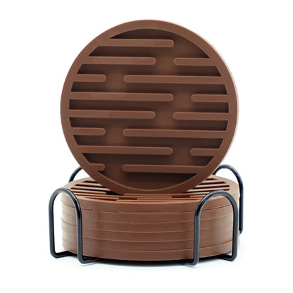 Brown circular coaster set with metal holder on a white background
