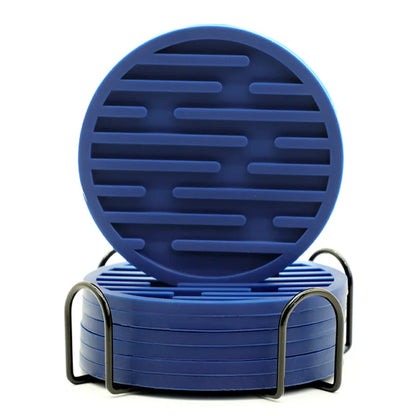 Blue silicone coasters with black metal stand on a white background