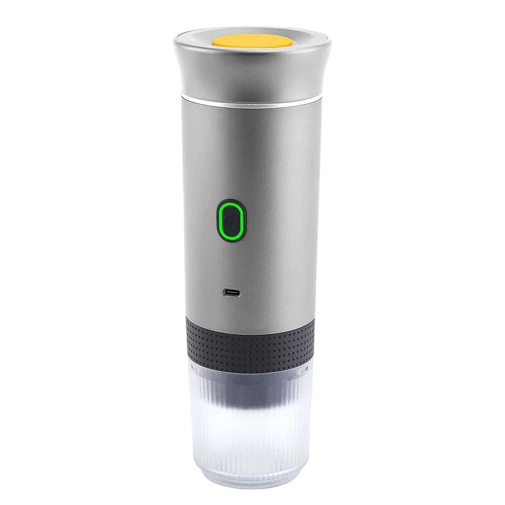 Silver and black electronic device with a green light on a white background