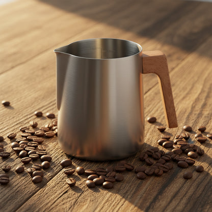 A stainless steel milk pitcher with a light wood handle, on a table.