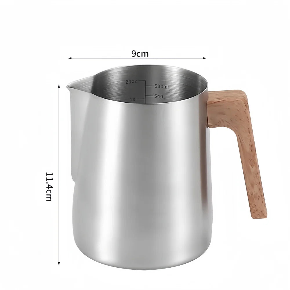 Stainless steel pitcher with wooden handle and measurements on a white background