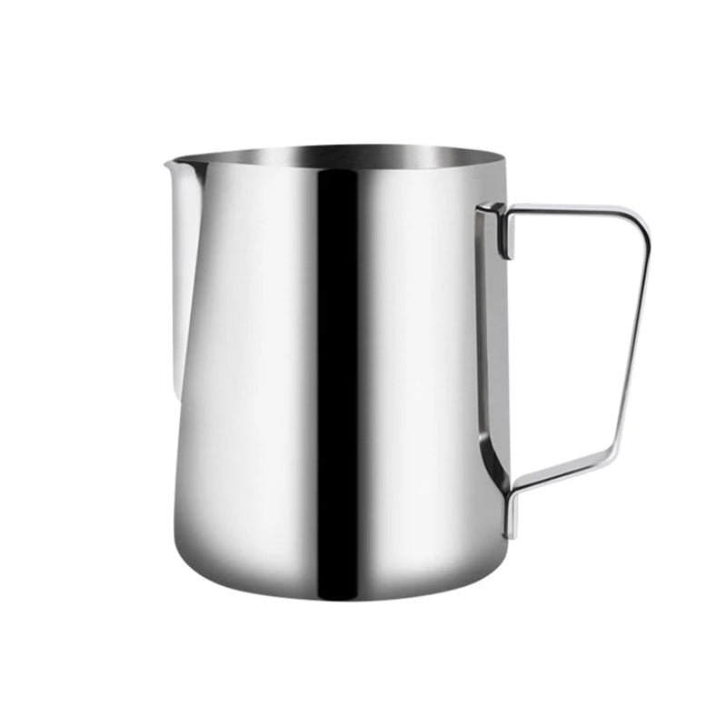 Stainless steel milk frothing pitcher on a white background