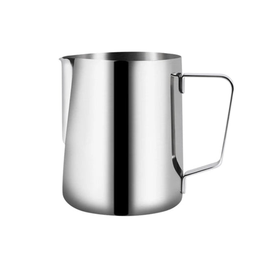 Stainless steel milk frothing pitcher on a white background