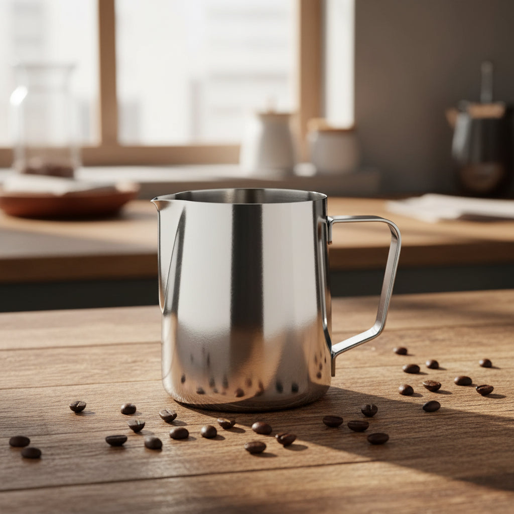 A stainless steel milk pitcher with a curved handle and a small pouring spout