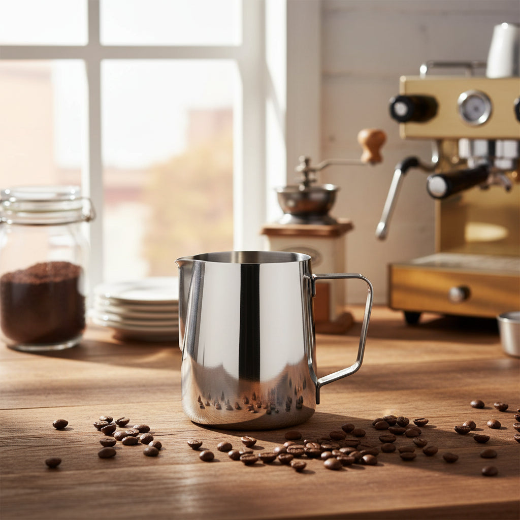 A stainless steel milk pitcher