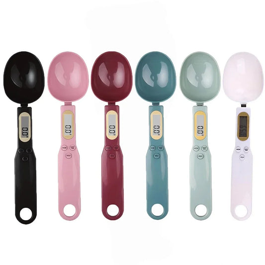 Set of six colorful digital measuring spoons on a white background
