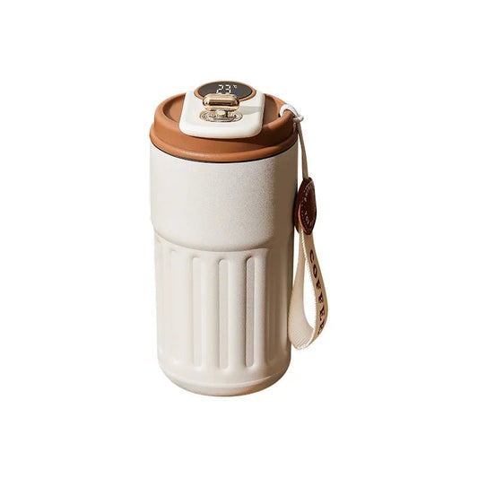 White travel mug with brown lid