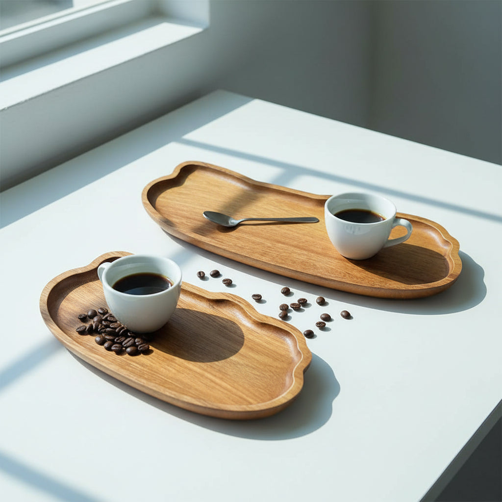 Two wooden trays with wavy edges on a white background