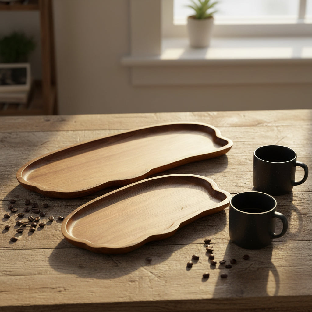 Two wooden trays with wavy edges on a white background