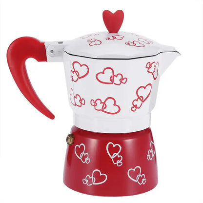 Red and white teapot with heart designs on a white background