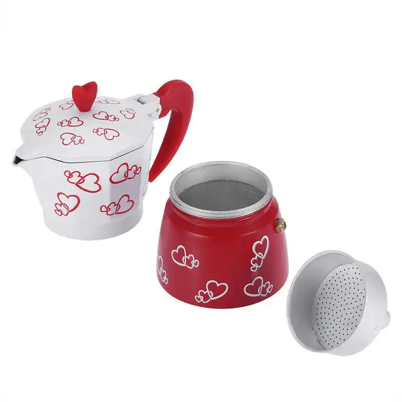 Red and white teapot set with heart designs on a white background