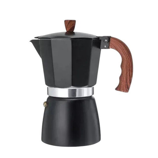 Black stovetop espresso maker with wooden handle on a white background
