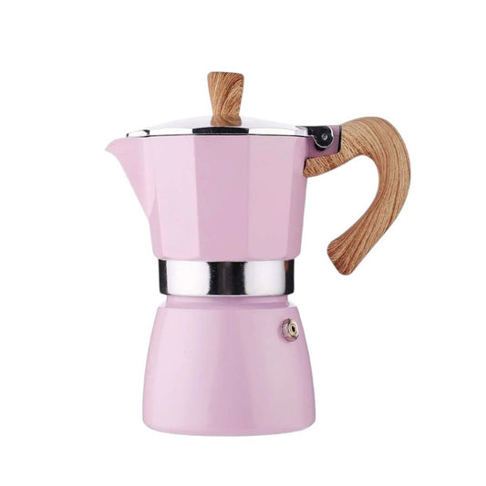 Pink espresso maker with wooden handle and spout on a white background